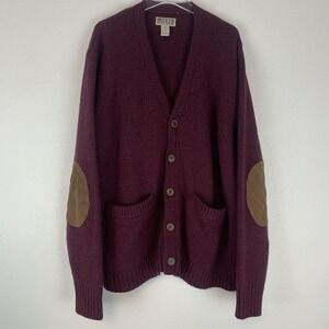 Duluth Trading Shetland Wool Cardigan Sweater Men 2XL Maroon Elbow Patch Grandpa